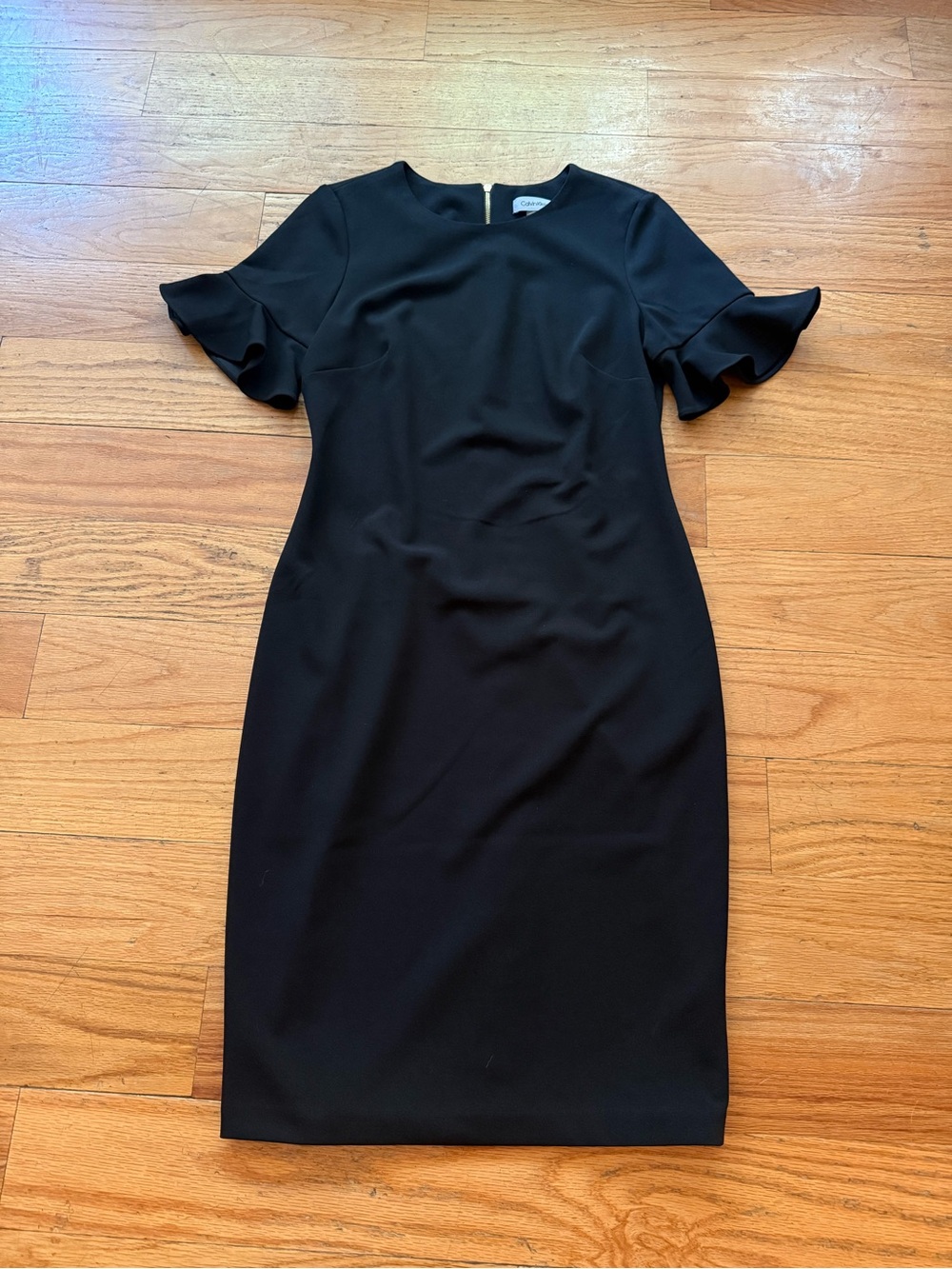 Calvin Klein Black Ruffle-Sleeve Midi Sheath Dress